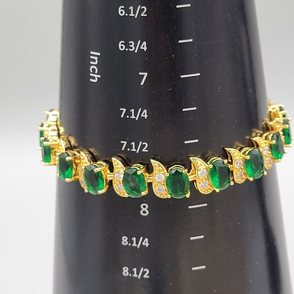 Gold Tone Bracelet With Green & Clear CZ Stones Prong Set Adjustable - Picture 7 of 7